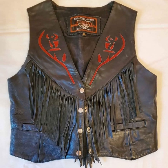 Interstate Leather Jackets & Blazers - Interstate Leather M Vintage Black Authentic Leather Red Rose Fringe Vest